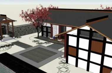SketchUp Residential Model: Single-Story Chinese-Style Home with Courtyard and Landscape Wall-BIM WORLD