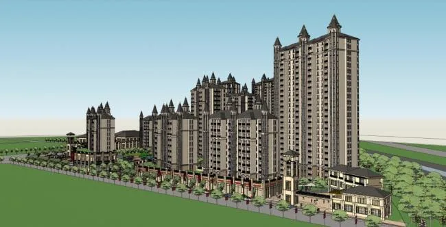 Sketchup Residential Model | High rise residential building, commercial street, classical style, 29 floors, European style community