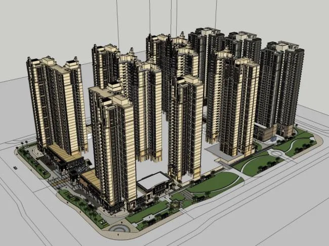 Sketchup Residential Model | High rise Residential Complex, Classical Style, 32 Floors