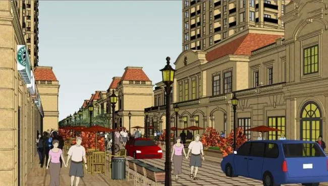 Sketchup Residential Model | Simplified European style commercial street, French high-rise residential buildings, ground floor commercial buildings, classical style, residential buildings