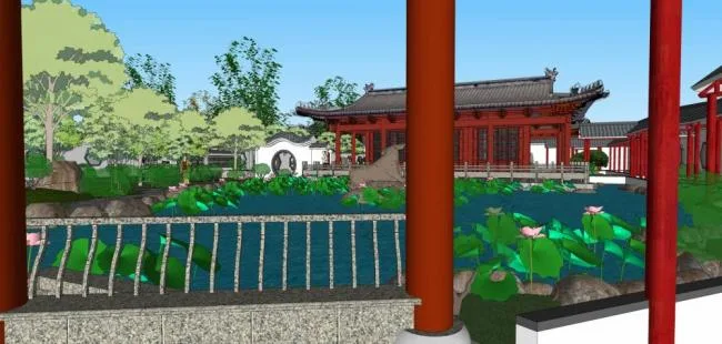 Sketchup Landscape Model | Chinese Garden, Landscape, Pavilion, Park, Dam, Multi story