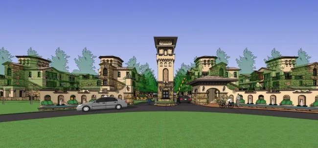 Sketchup Residential Model | Multi story townhouse, European style, landscape, tower, entrance, residential building