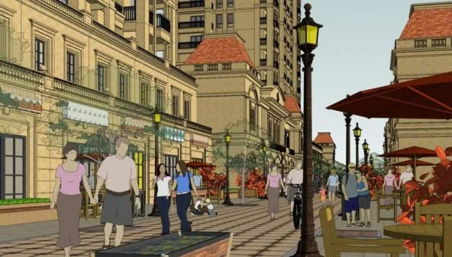 SketchUp Residential Model: Simplified European-Style Commercial Street with French High-Rise and Ground-Floor Classic Residential Buildings