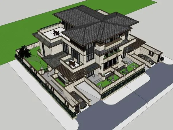 Sketchup Villa Model | Twin Villa, Modern Chinese Style