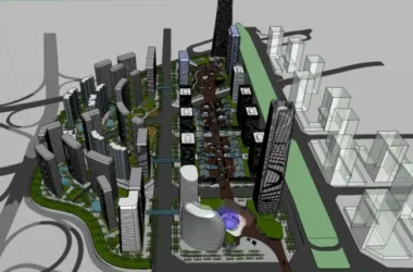 SketchUp Complex Model: Modern City Railway Station Square with Super High-Rise Office Buildings-BIM WORLD