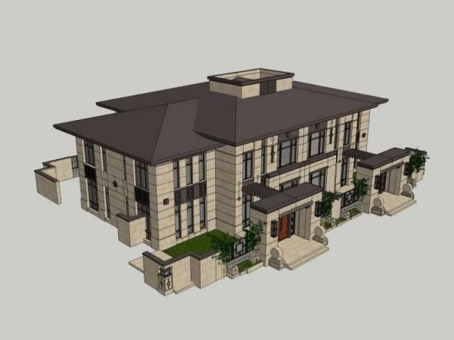 Sketchup Villa Model | Twin Villa, Modern Chinese Style