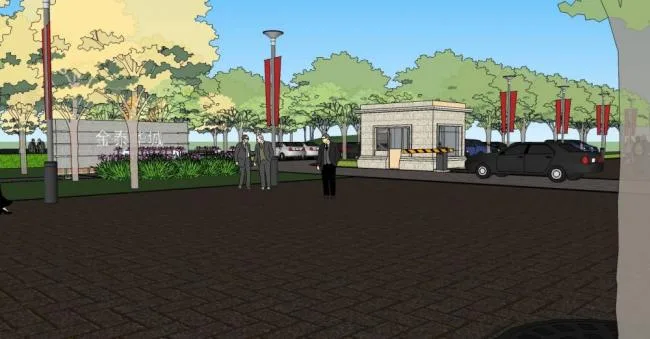 Modern Entrance Landscape Design with Security Room, Parking, and Streetlights in SketchUp