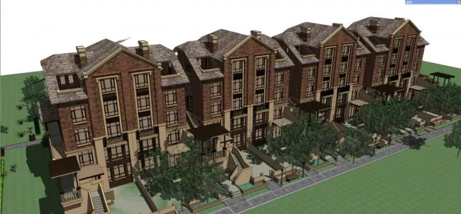 Sketchup Residential Model | Multi story stacked residential building, garden villa, classical style, English style