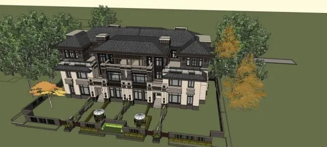 Sketchup Villa Model | Wright style Chinese grassland style, row villa