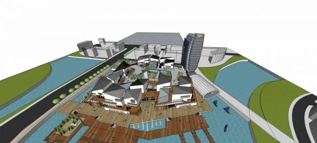 Sketchup Business Model | High rise hotel office, shopping mall, multi story commercial podium, modern style, integrated commercial street