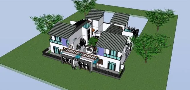 Sketchup Residential Model | Multi story Courtyard, Residential Building, New Chinese Style