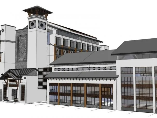 SketchUp Multi-Story Office Complex Featuring Traditional Chinese Architecture