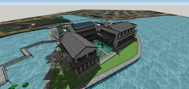 Sketchup Business Model | Multi story Lake Center Club, Chinese Style, Waterfront Landscape, Pavilions, Commercial Buildings