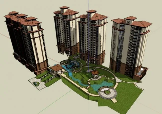 Sketchup Residential Model | High rise residential communities, residential buildings, sloping roofs, Mediterranean style, classical style