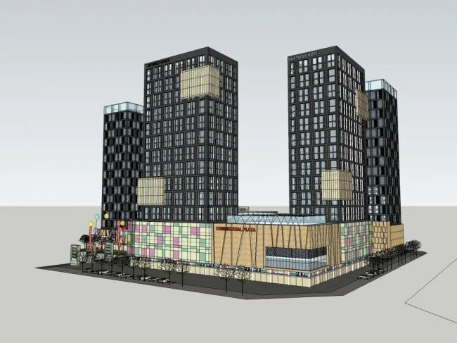 SketchUp Complex Model: Multi-Story High-Rise Featuring Modern Office, Residential, and Commercial Spaces