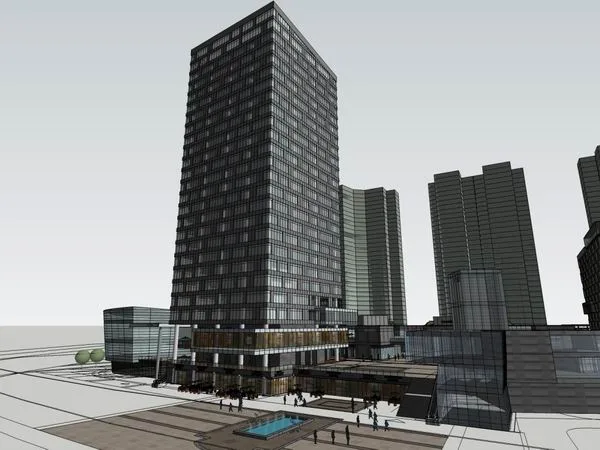 Sketchup Complex Model | Multi story high-rise mixed use complex, office building, hotel, ground floor commercial, modern style