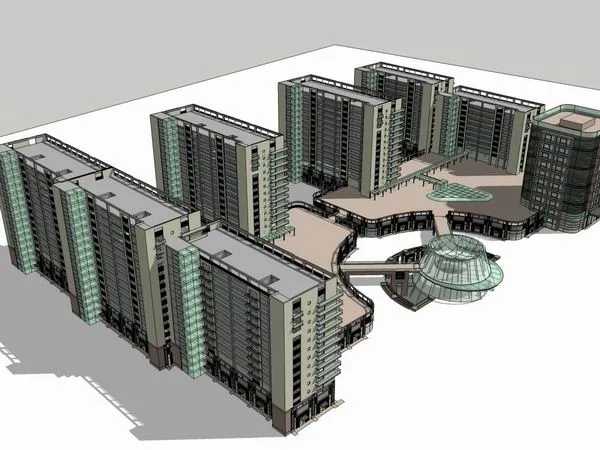 SketchUp Complex Model: Multi-Story High-Rise Office, Residential, and Commercial Building in Modern Style