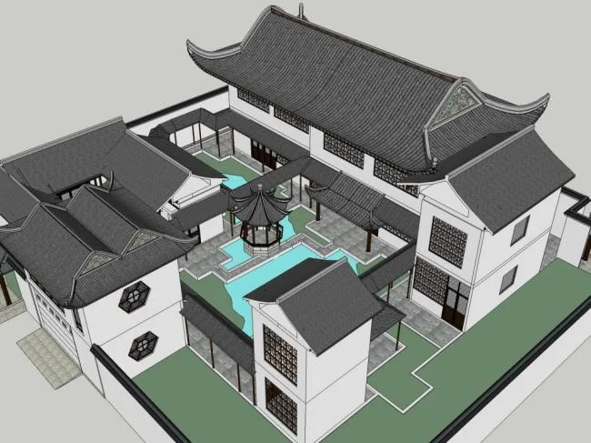 Sketchup Ancient Architecture Model | Multi story Courtyard, Chinese Style, Ancient Architecture with Gray Tiles and White Walls