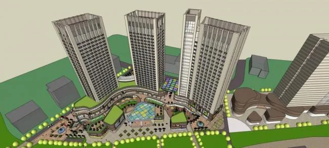 Sketchup Complex Model | High rise commercial complex, modern style, hotel office, commercial podium