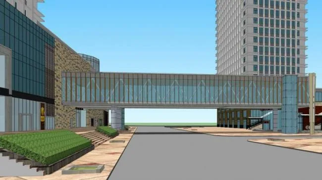 Sketchup Complex Model | Multi story mixed office building, commercial street, complex, pedestrian bridge, modern style