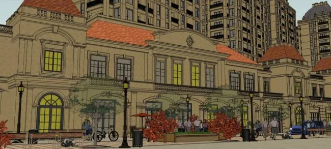 Sketchup Business Model | French style commercial street, high-rise residential buildings, classical style
