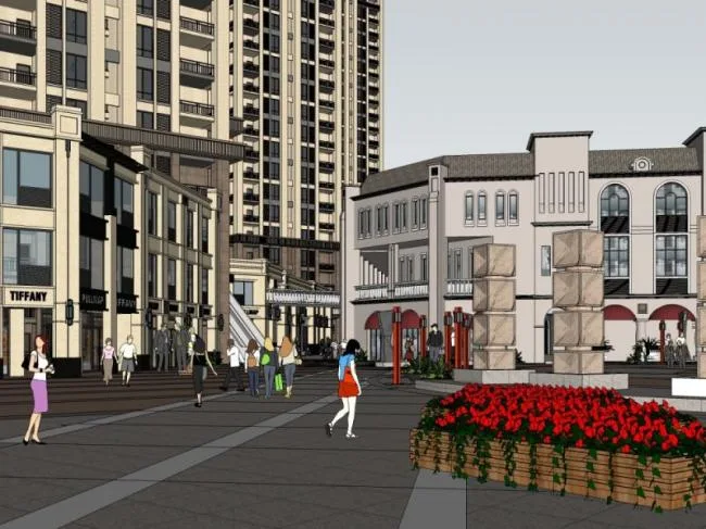 Sketchup Business Model | Multi story Commercial Pedestrian Street, Modern Style