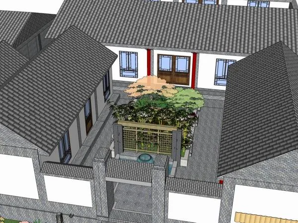 Sketchup Residential Model | Multi story Courtyard Residence, Modern Chinese Style