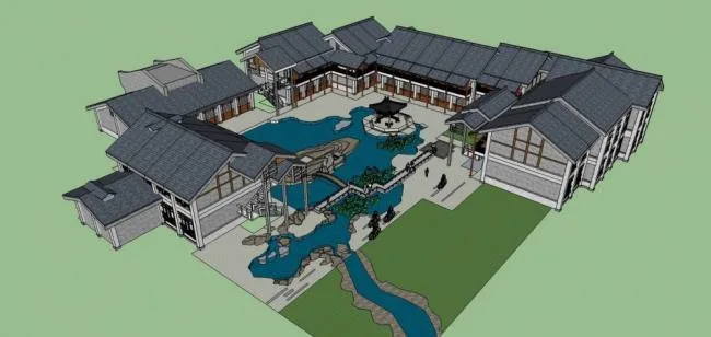 Sketchup Business Model | Commercial Architecture, Huizhou Style, Multi story Commercial Building, Landscape, Pavilion