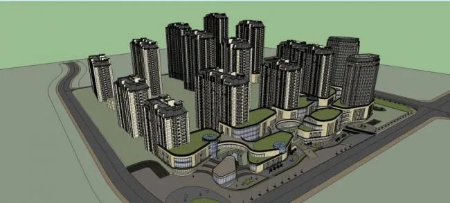 Sketchup Residential Model | High rise residential community, commercial pedestrian street, ground floor commercial, neoclassical style, residential building