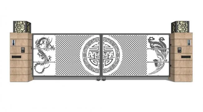 SketchUp Material Model: Iron Gate Components with Chinese Style Design