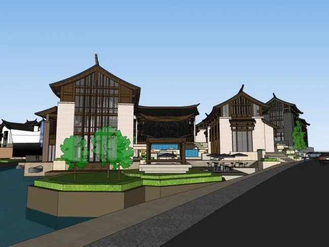 Sketchup Hotel Model | Multi story Resort Town, Hotel, Chinese Style