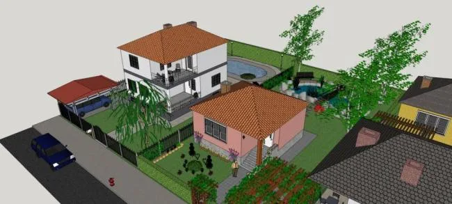 Sketchup Villa Model | Residential Building, Solo Villa, American Style, Sloping Roof, Courtyard Villa