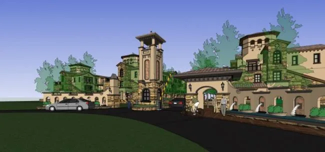 Sketchup Residential Model | Multi story townhouse, European style, landscape, tower, entrance, residential building