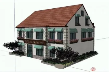 SketchUp Business Model: Multi-Story Sloped Roof Farmhouse Banquet Restaurant in Classic Style-BIM WORLD