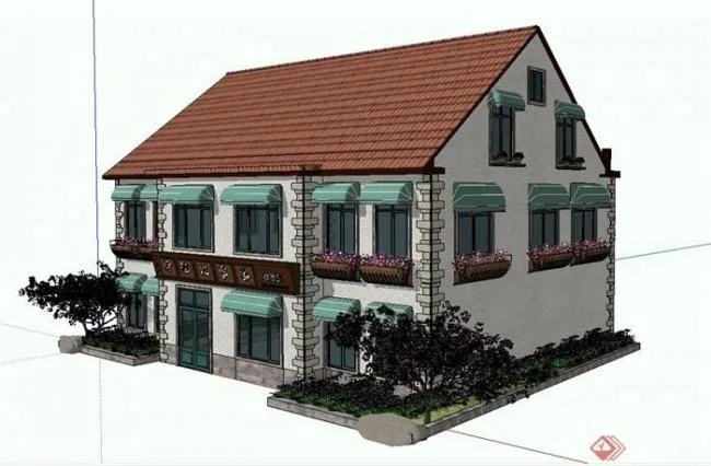 SketchUp Business Model: Multi-Story Sloped Roof Farmhouse Banquet Restaurant in Classic Style