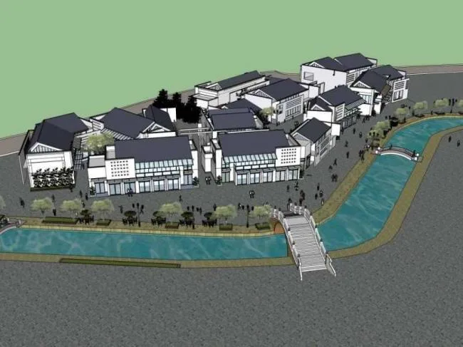 SketchUp Business Model: Multi-Story Commercial and Pedestrian Streets with Chinese Architectural Style