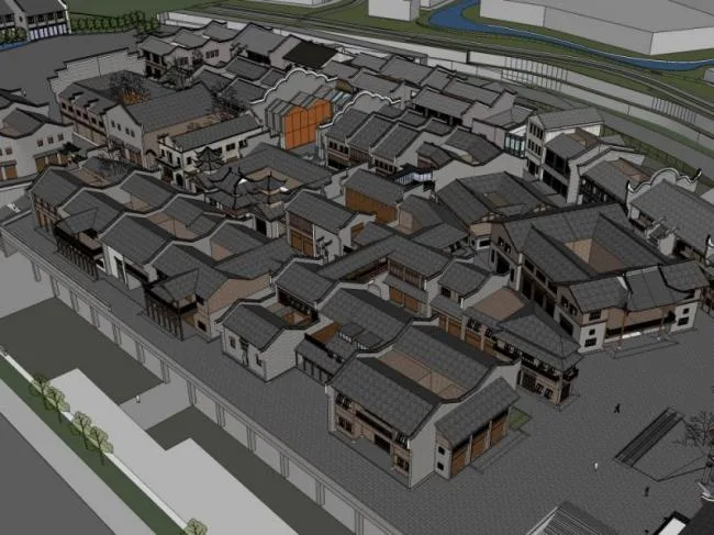 SketchUp Business Model: Multi-Story Commercial Street in Modern Chinese Style