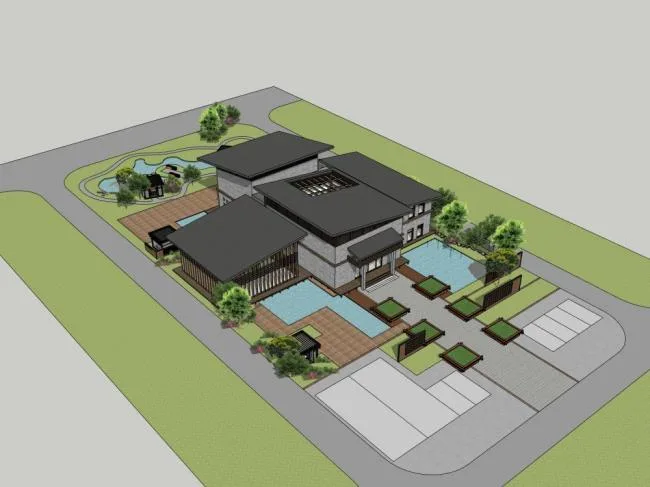 SketchUp Business Model: Multi-Story Clubhouse and Commercial Building in Modern Chinese Style