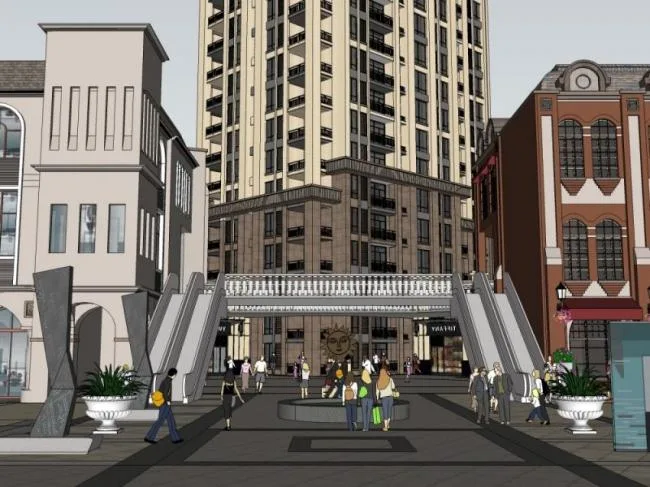 Sketchup Business Model | Multi story Commercial Pedestrian Street, Modern Style
