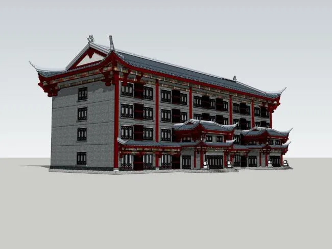 SketchUp Business Model: Multi-Story Commercial Building Featuring Traditional Chinese Architecture