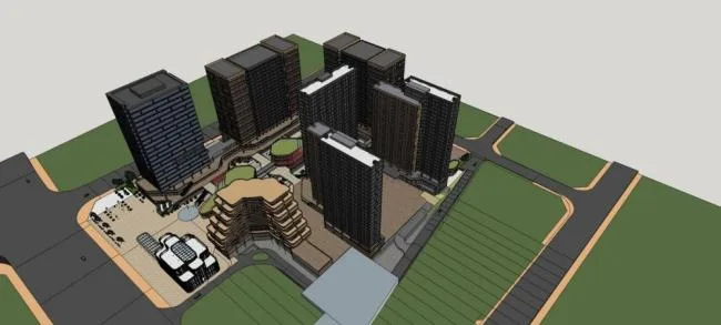 Sketchup Complex Model | High rise urban commercial complex, modern style, hotel office, apartment, multi story commercial podium, shopping mall