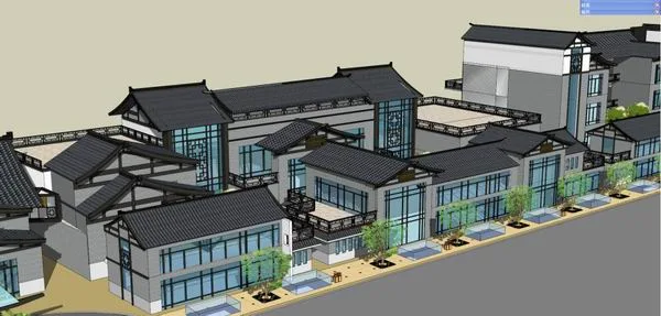 SketchUp Business Model: Multi-Story Commercial and Pedestrian Street in Traditional Chinese Style
