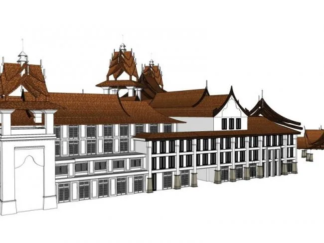 Sketchup Business Model | Multi story commercial street, Southeast Asian style, multiple sloping roofs
