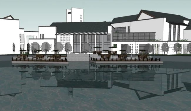 SketchUp Business Model: Huizhou-Style Sales Office, Clubhouse, New Chinese Design, Waterfront Vacation Center, and Commercial Building
