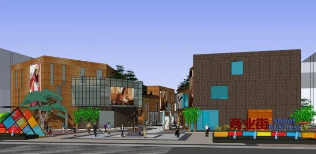 SketchUp Business Model: Multi-Story Commercial Pedestrian Street with Island and Modern Styles