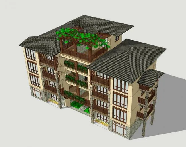 Sketchup Residential Model | Multi story residential villa, residential building, Southeast Asian style, classical style