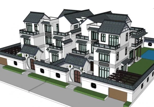 Sketchup villa model | Huizhou style duplex villa, modern Chinese style