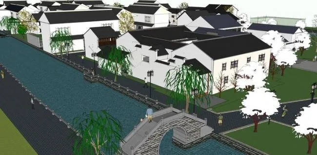 Sketchup Business Model | Multi story Southern Commercial Street, waterfront, Chinese style