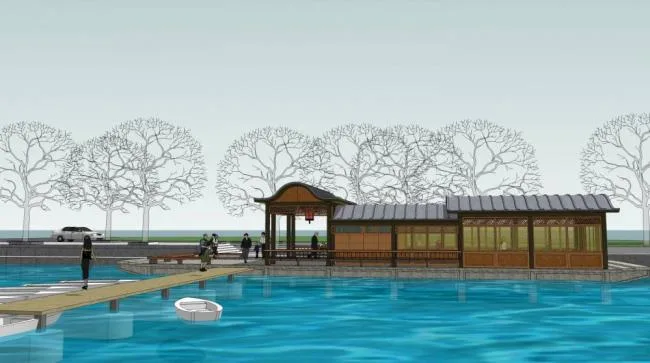 Sketchup Landscape Model | Township Tourist Area, Cruise Terminal, Landscape, Pavilion, Single Story, Chinese Style, Teahouse