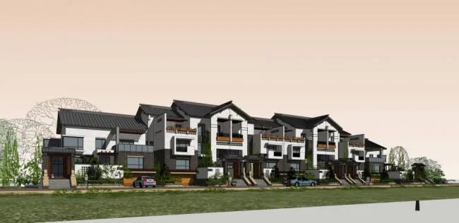 Sketchup Villa Model | Multi row Villa, New Chinese Style, Residential Architecture